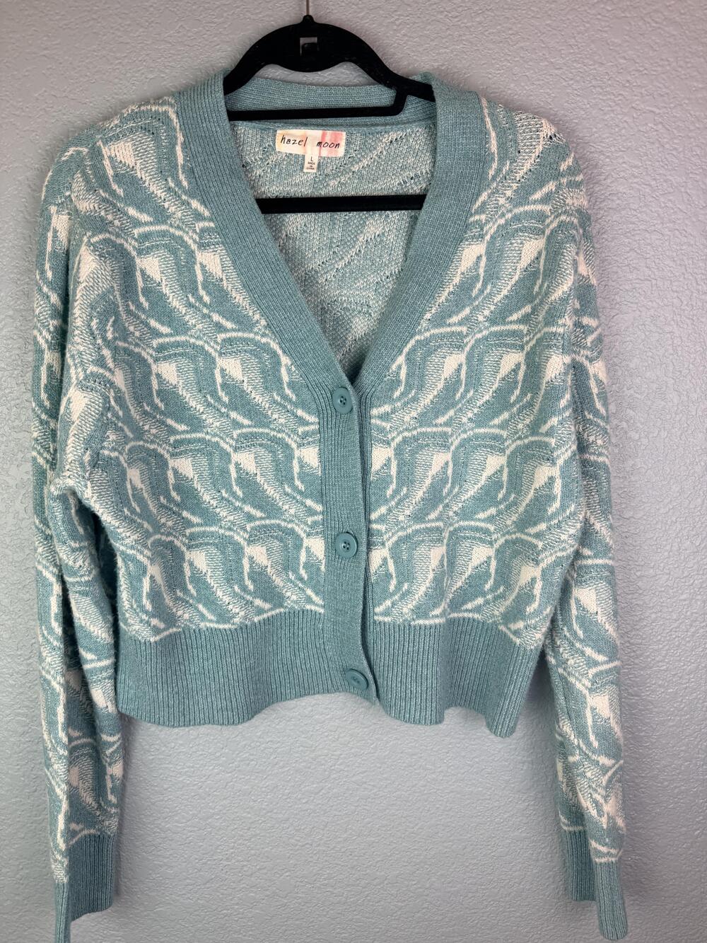 Hazel Moon Sweater Cardigan Womens Large Green Blue Geometric Knit Cropped